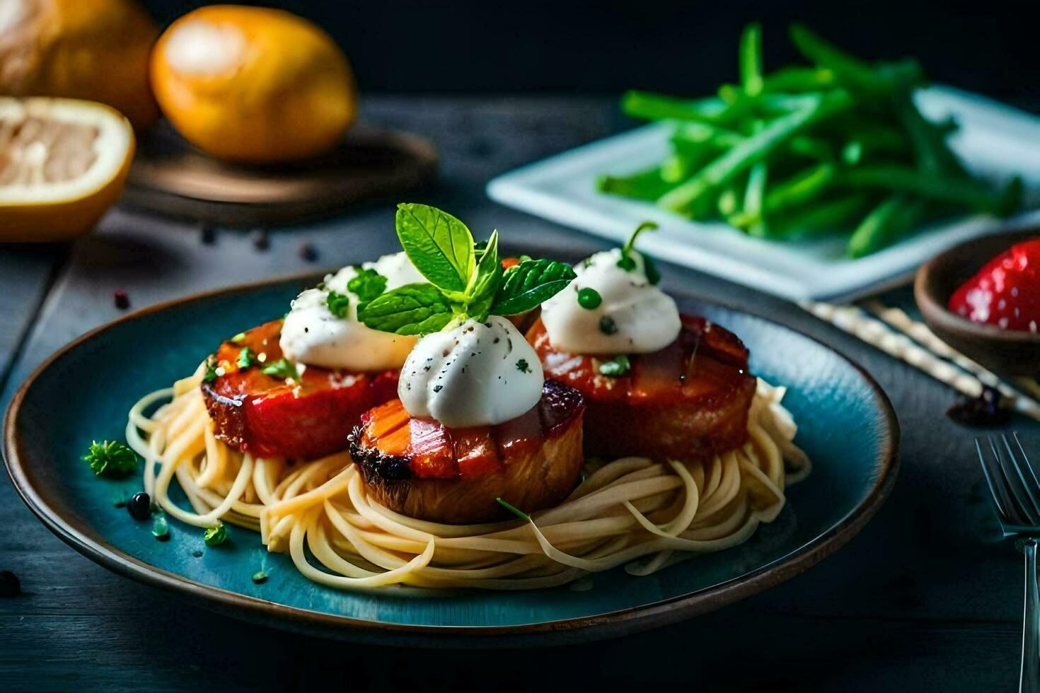 a plate of pasta with scallops and tomatoes. AI-Generated photo