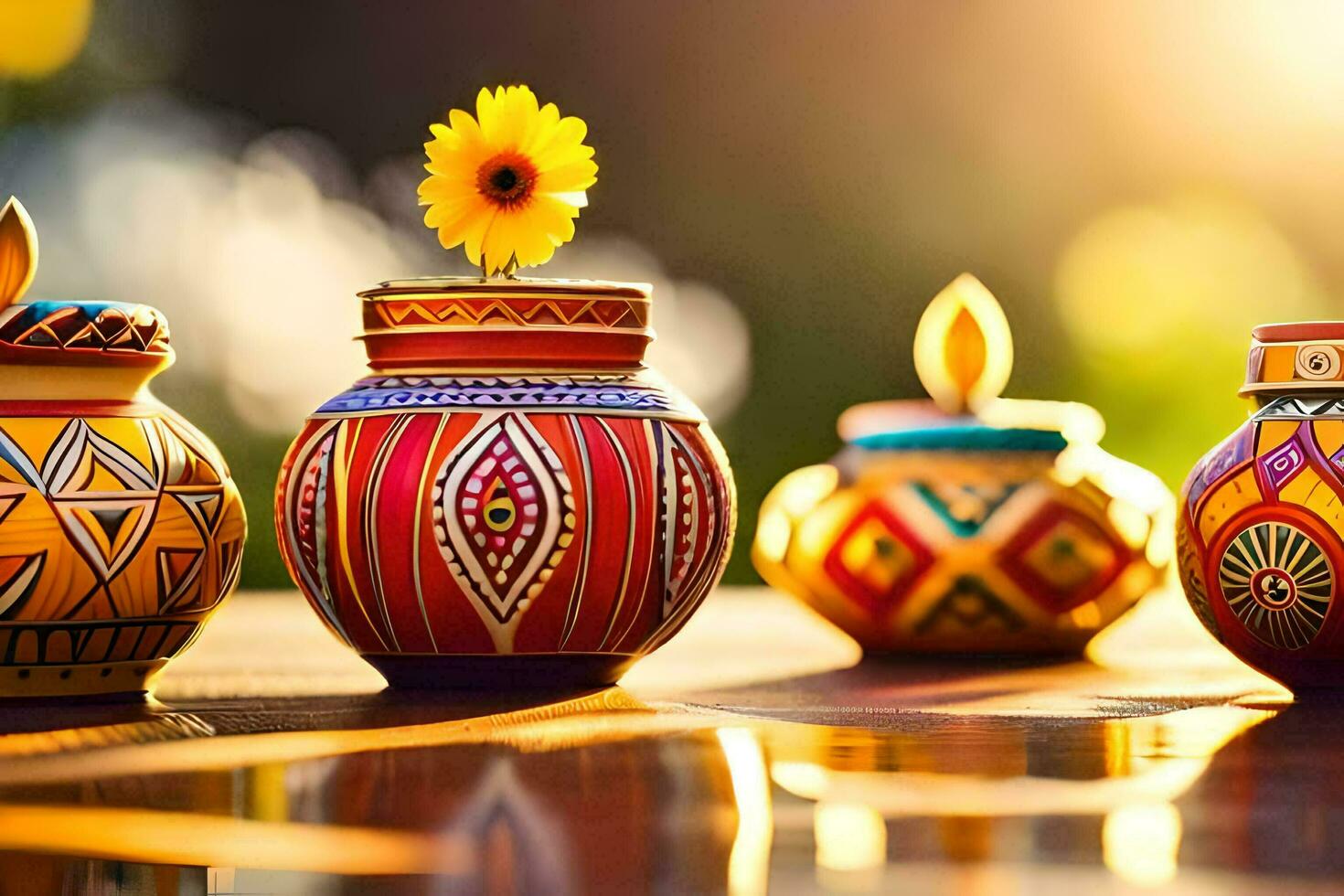 three colorful pots with a sunflower in the middle. AI-Generated photo