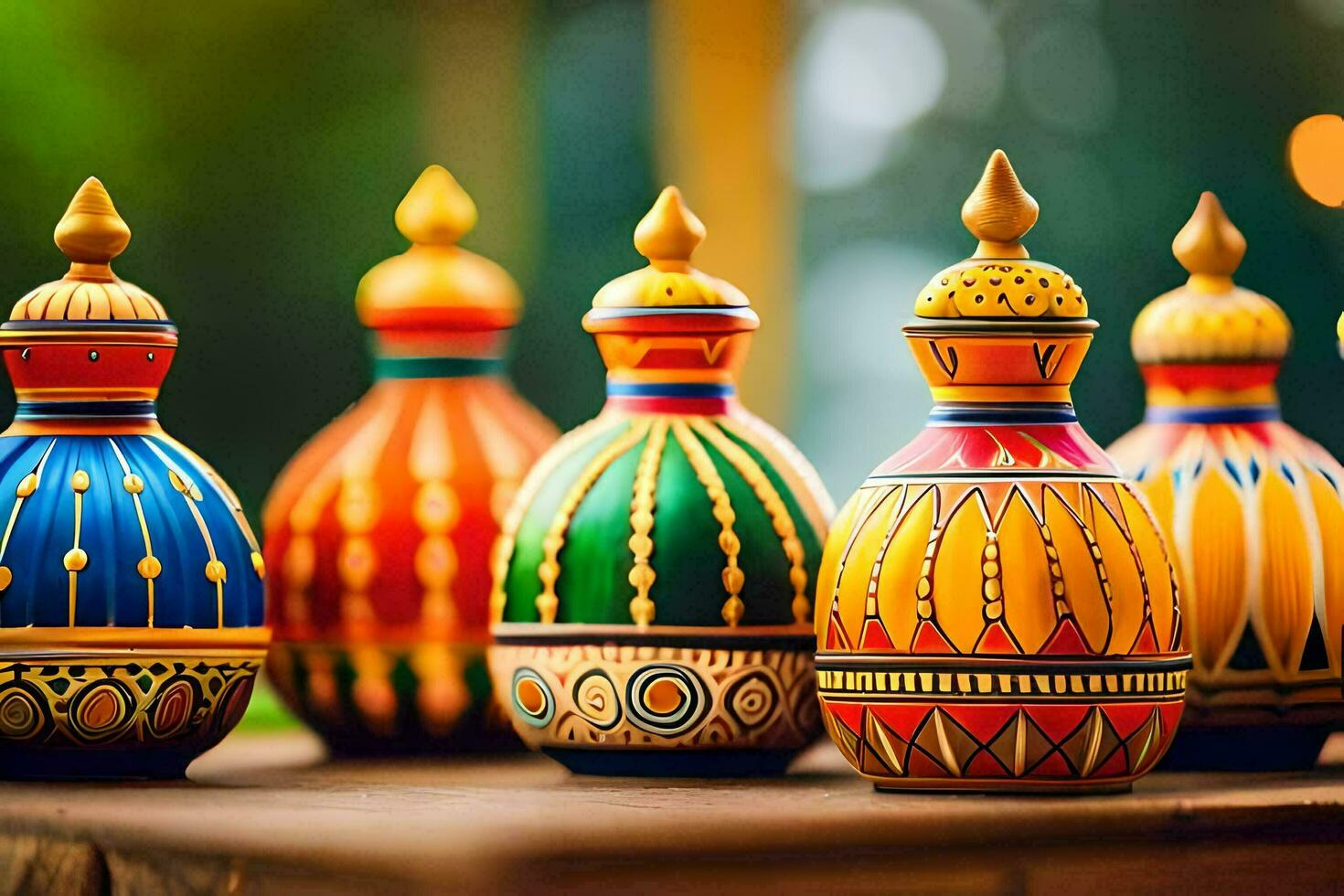 colorful vases on a wooden table. AI-Generated photo