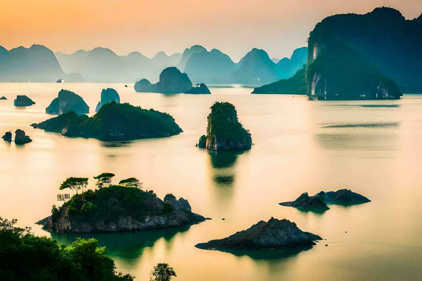the sunrise over halong bay, vietnam. AI-Generated photo