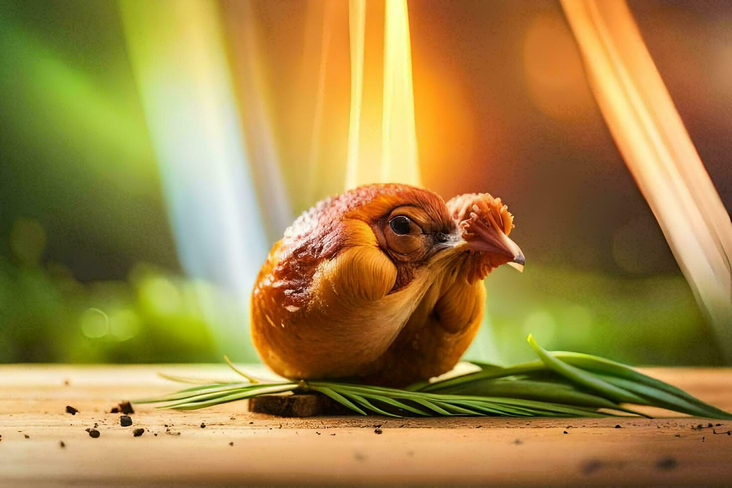 a chicken is sitting on top of a wooden table. AI-Generated photo