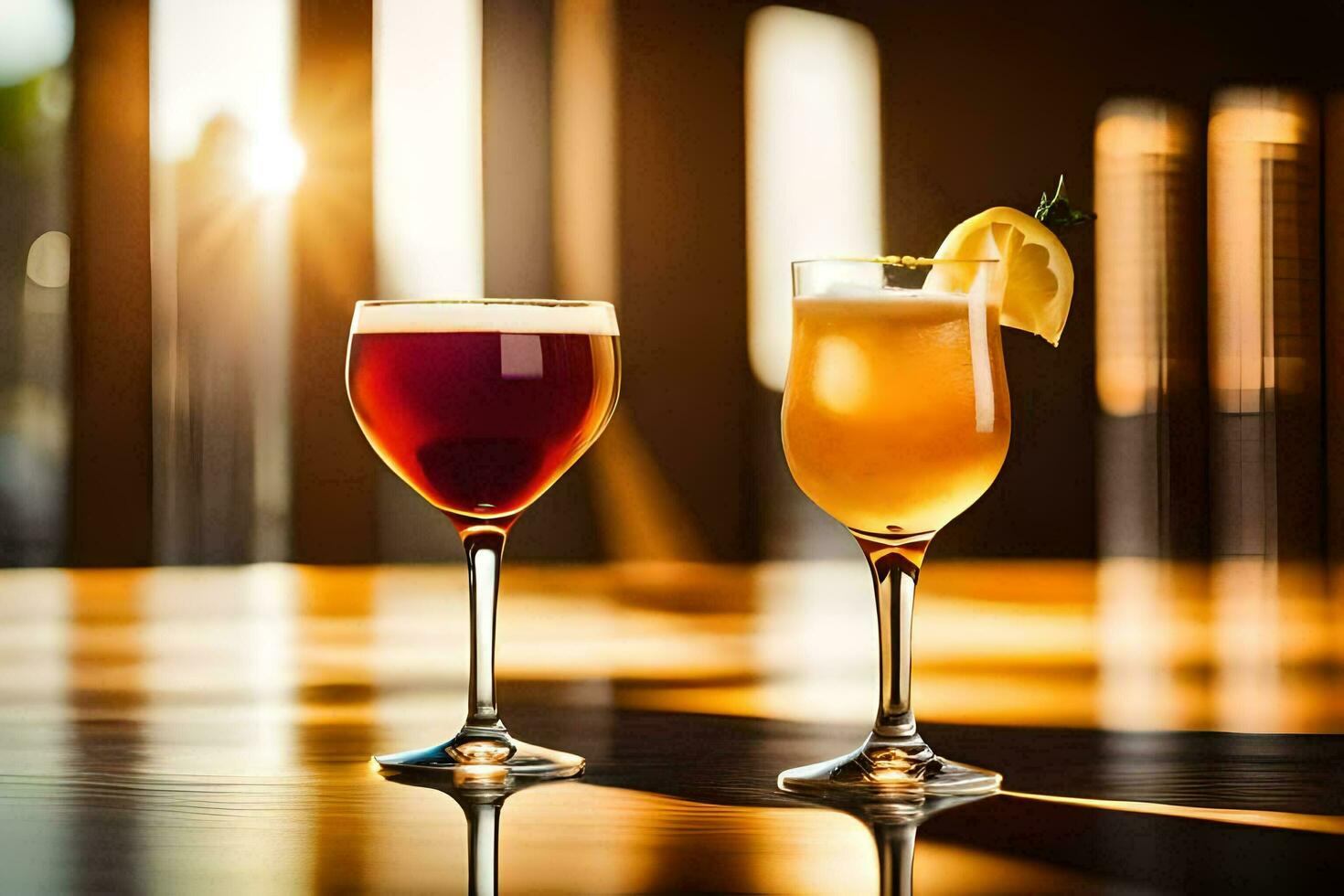 two glasses of drinks sit on a table. AI-Generated photo