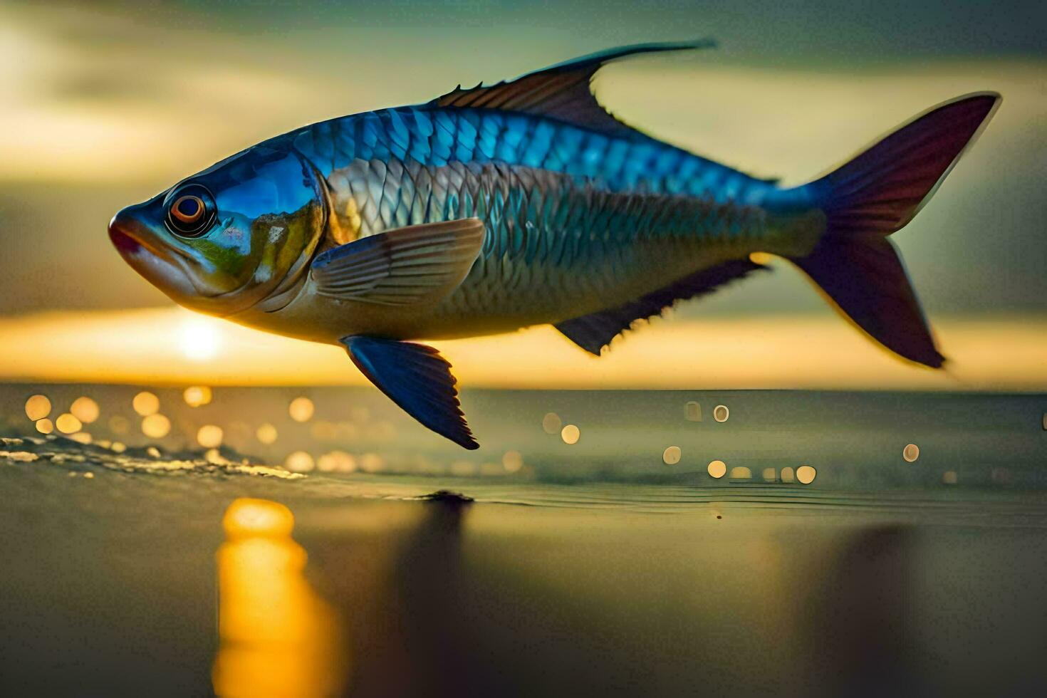 a fish is jumping out of the water at sunset. AI-Generated photo