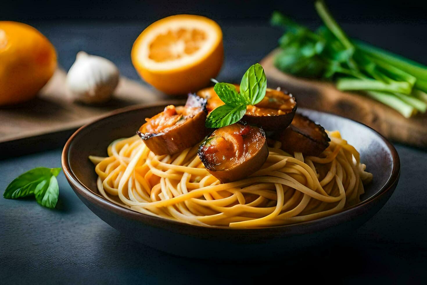 spaghetti with meatballs and orange slices on a black background. AI-Generated photo