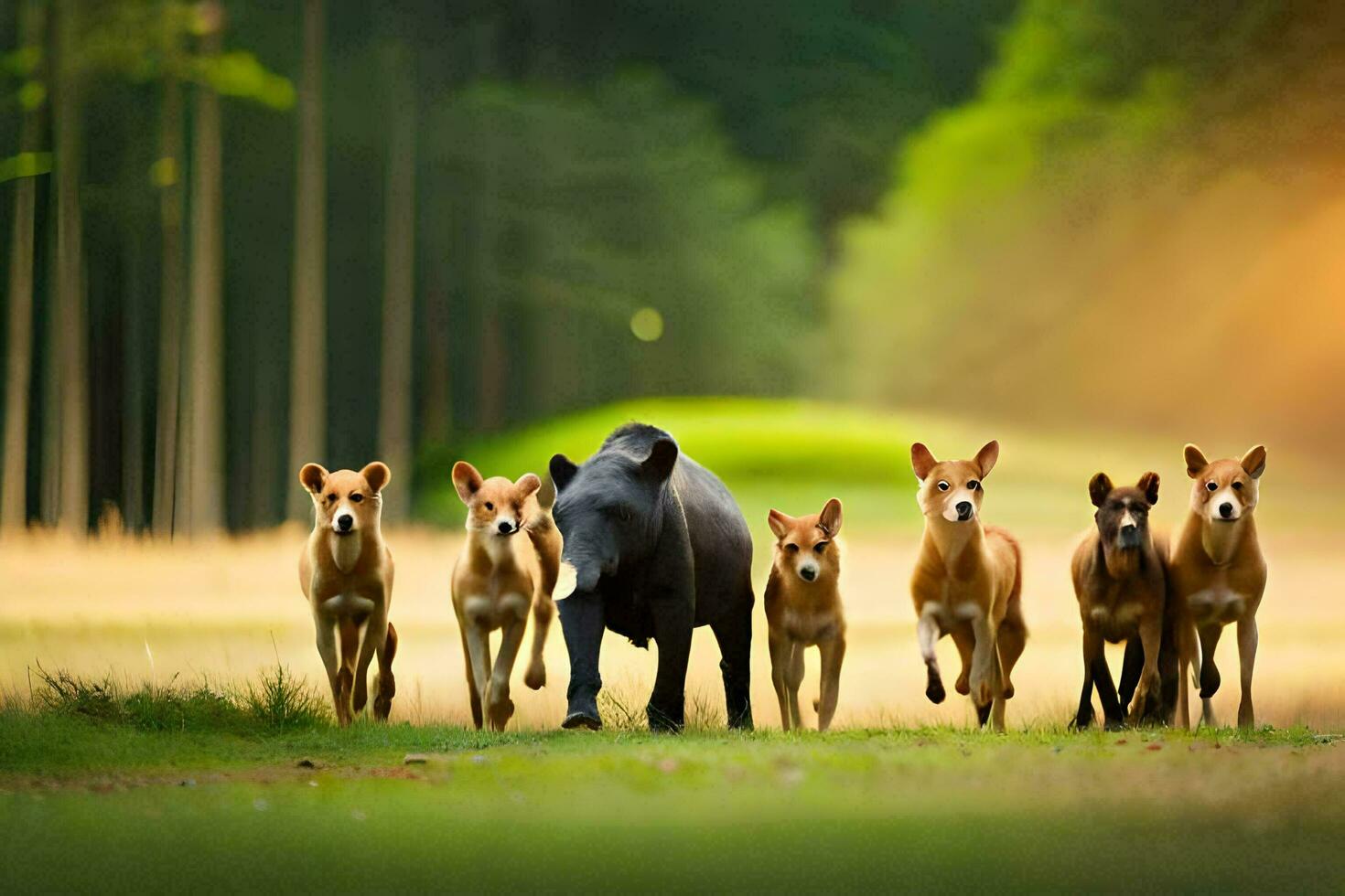 a group of dogs running towards a black bull. AI-Generated photo