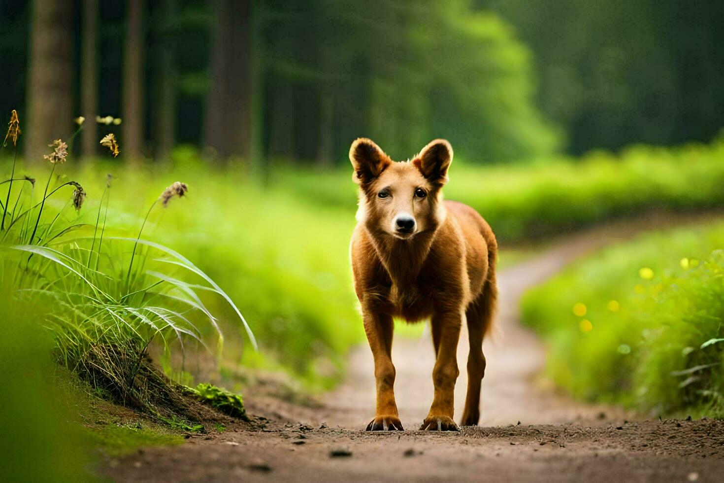 a dog walking on a dirt road in the middle of a forest. AI-Generated photo