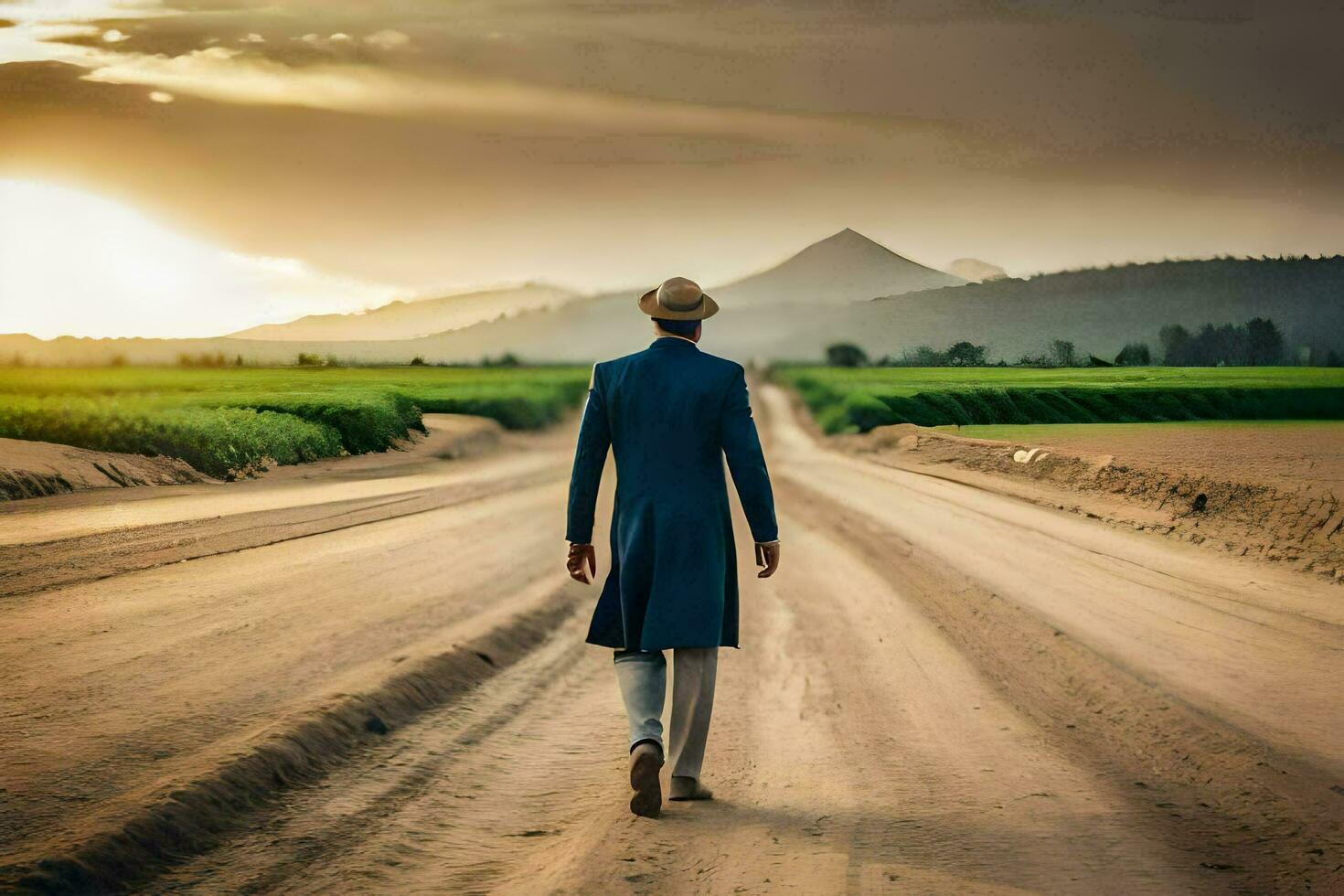 a man in a blue suit walks down a dirt road. AI-Generated photo