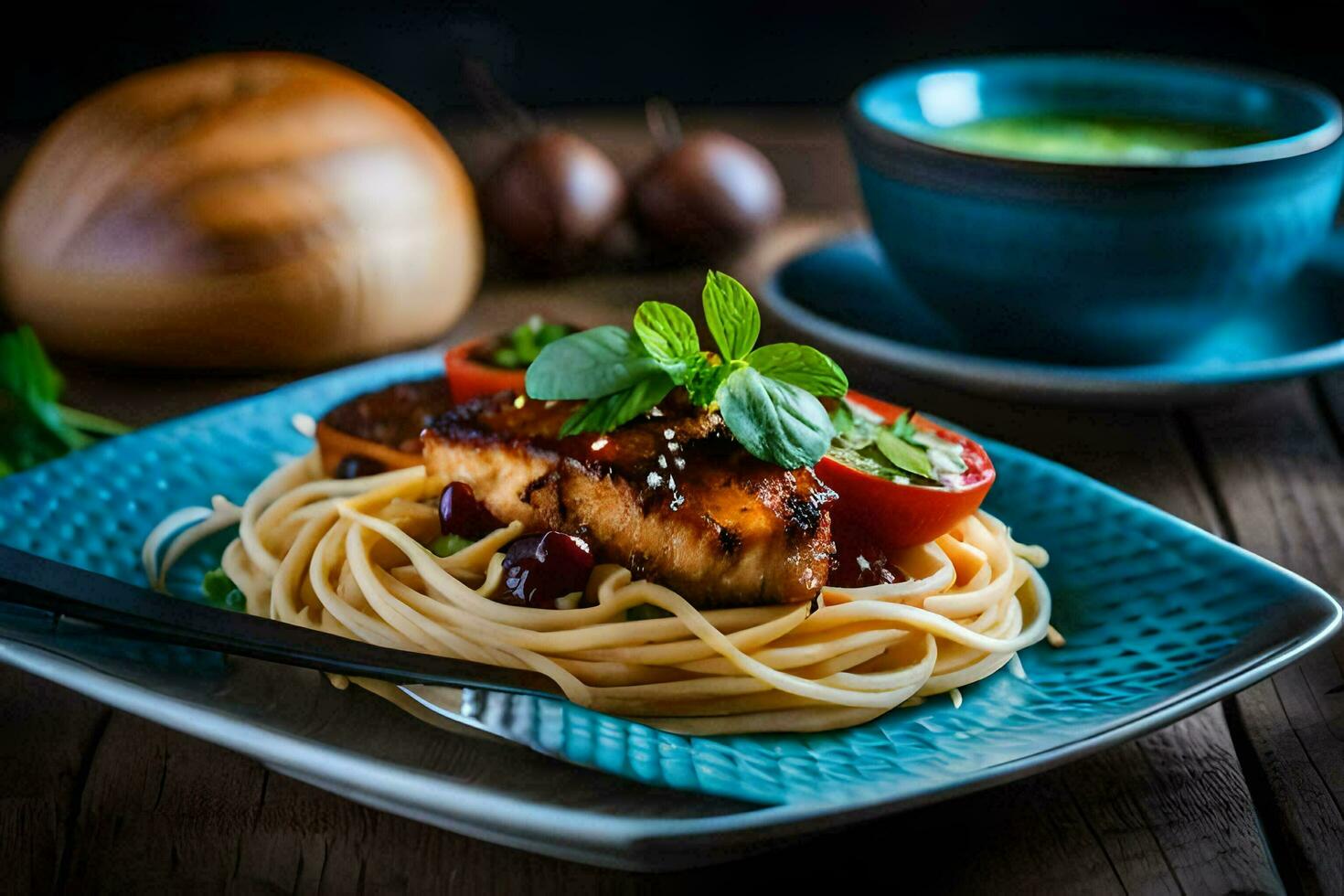 the food is served on a plate with a fork and a knife. AI-Generated photo