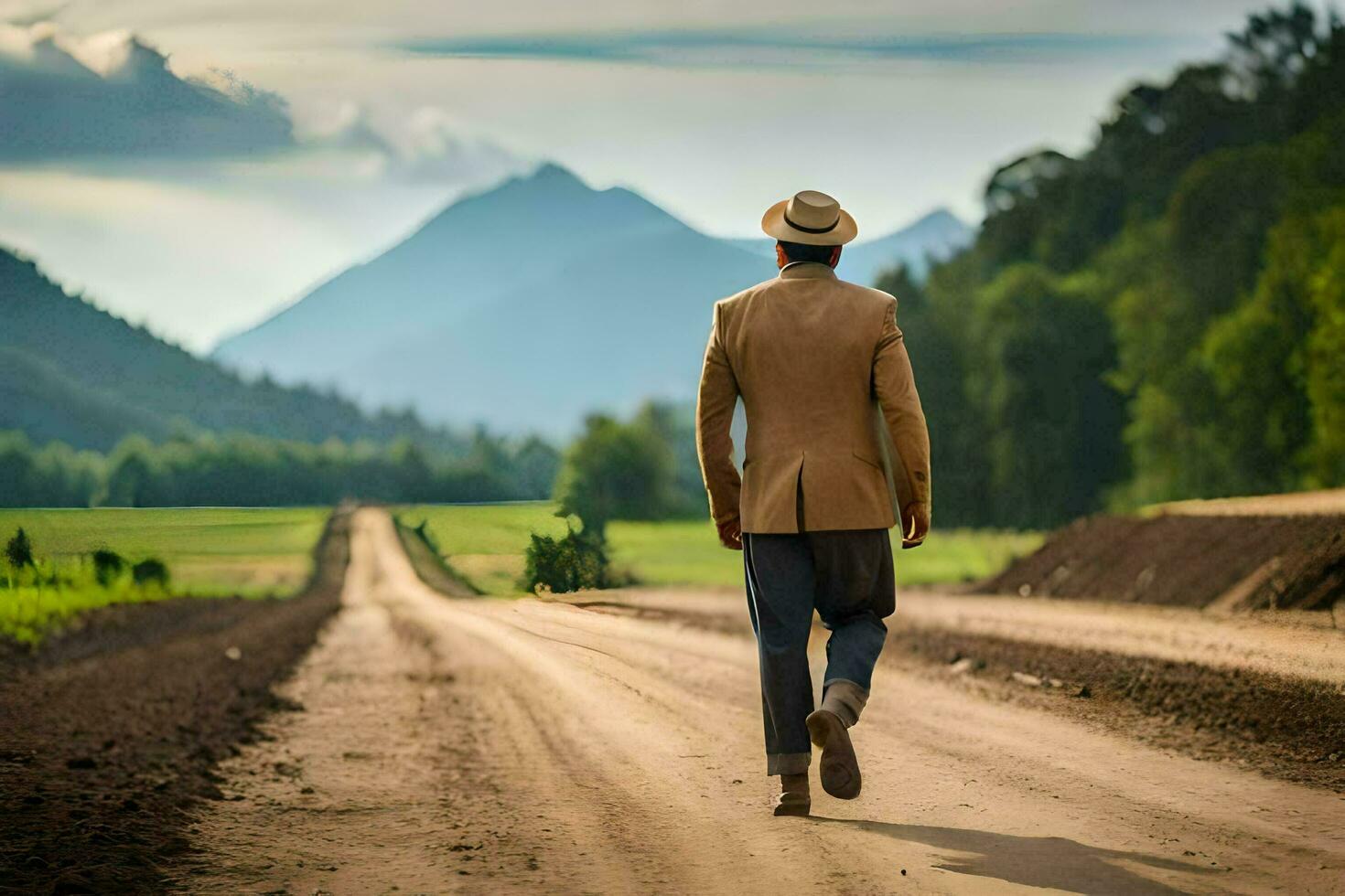 a man in a suit and hat walking down a dirt road. AI-Generated photo