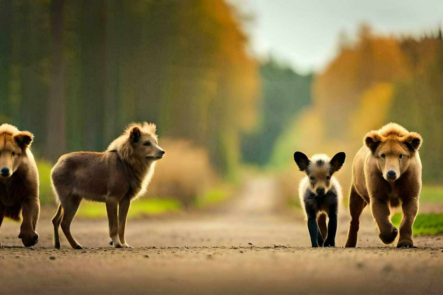 four animals walking on a road in the woods. AI-Generated photo