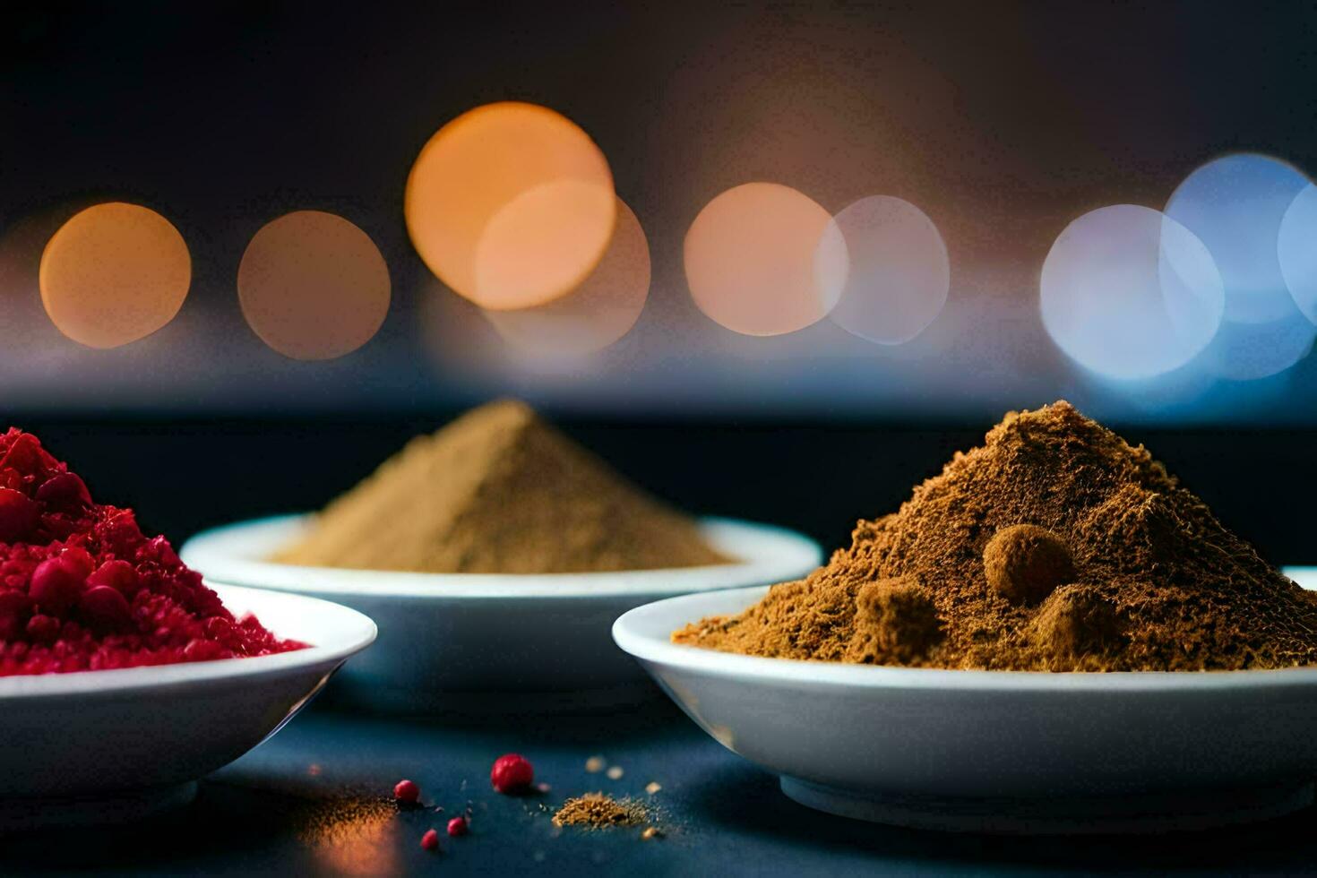 three bowls of spices sit on a table. AI-Generated photo