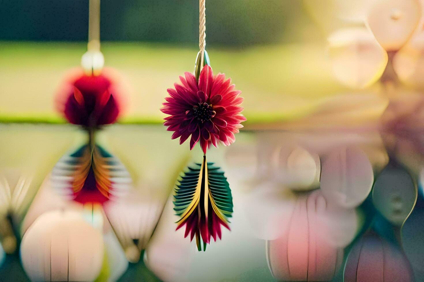 two red flowers hanging from strings. AI-Generated photo
