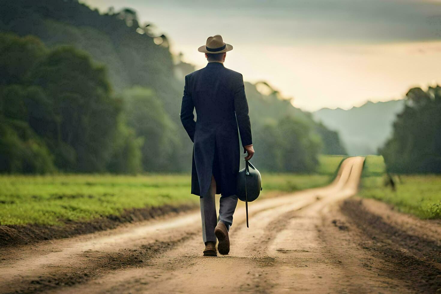 a man in a suit and hat walking down a dirt road. AI-Generated photo