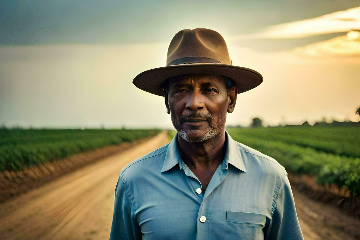 a man in a hat standing in a field. AI-Generated photo