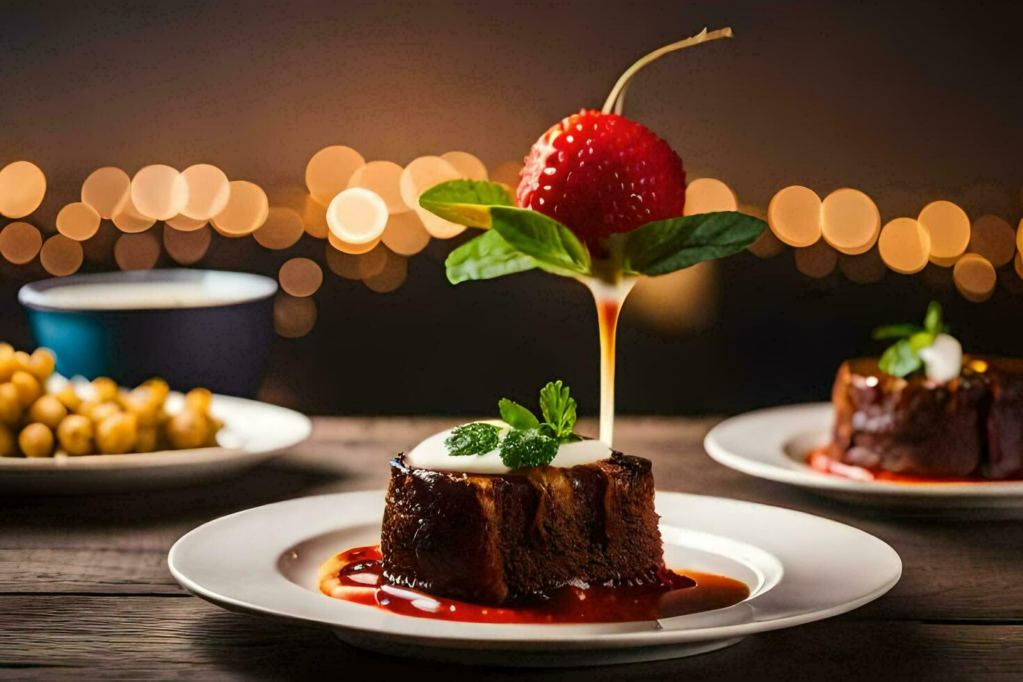 a dessert with a strawberry on top of it. AI-Generated photo