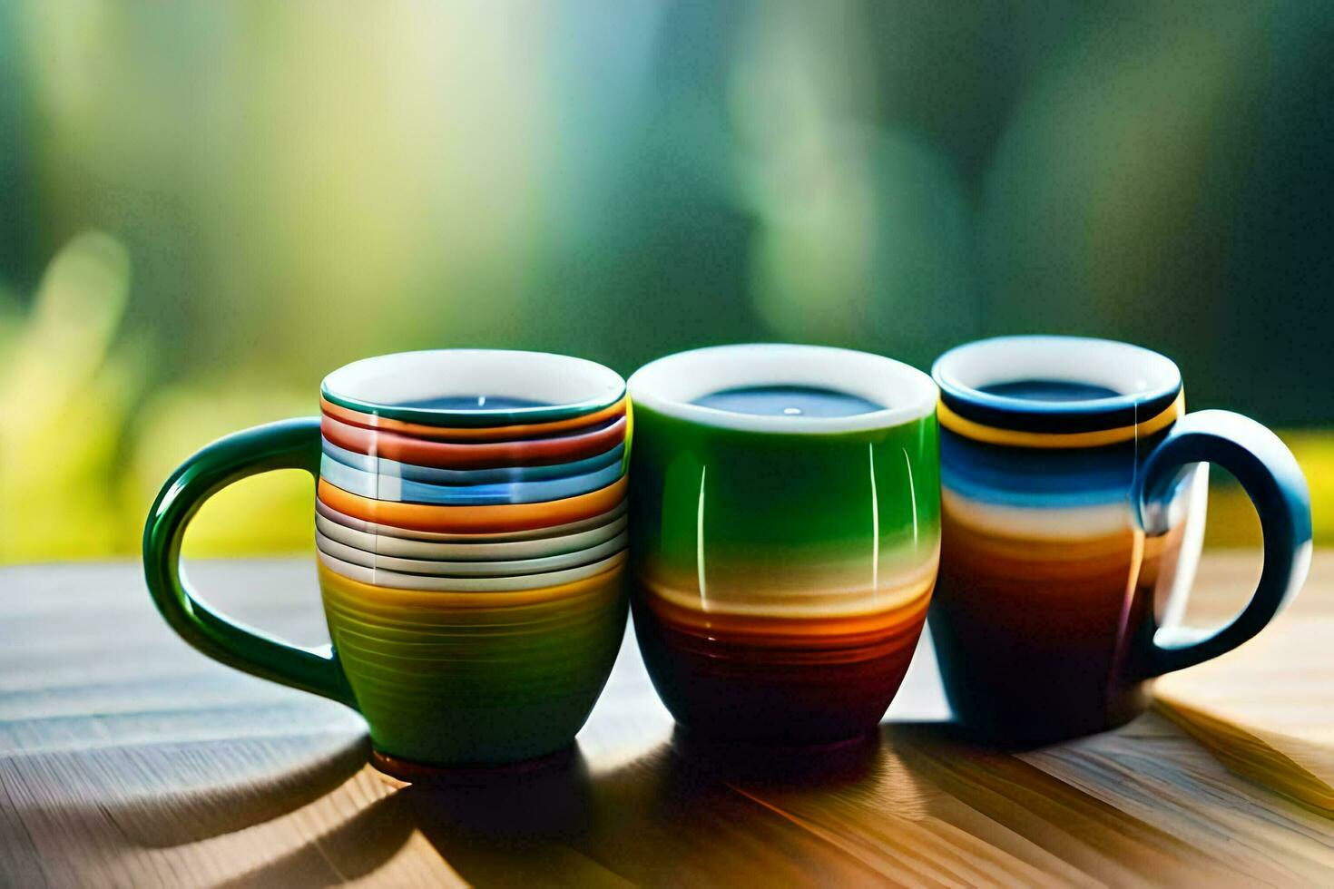 three colorful coffee mugs sit on a table. AI-Generated photo