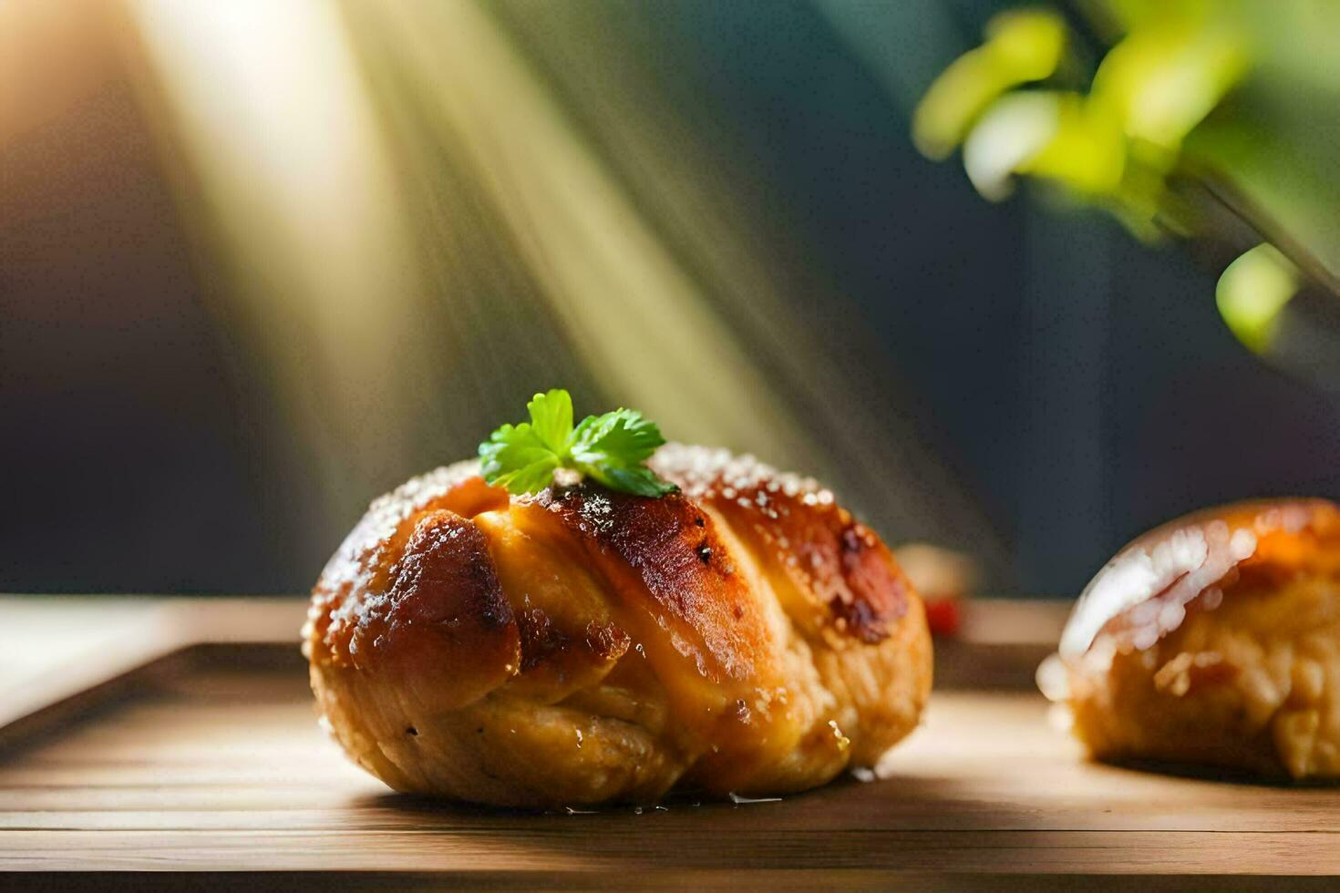 two small buns on a wooden tray with a green leaf. AI-Generated photo