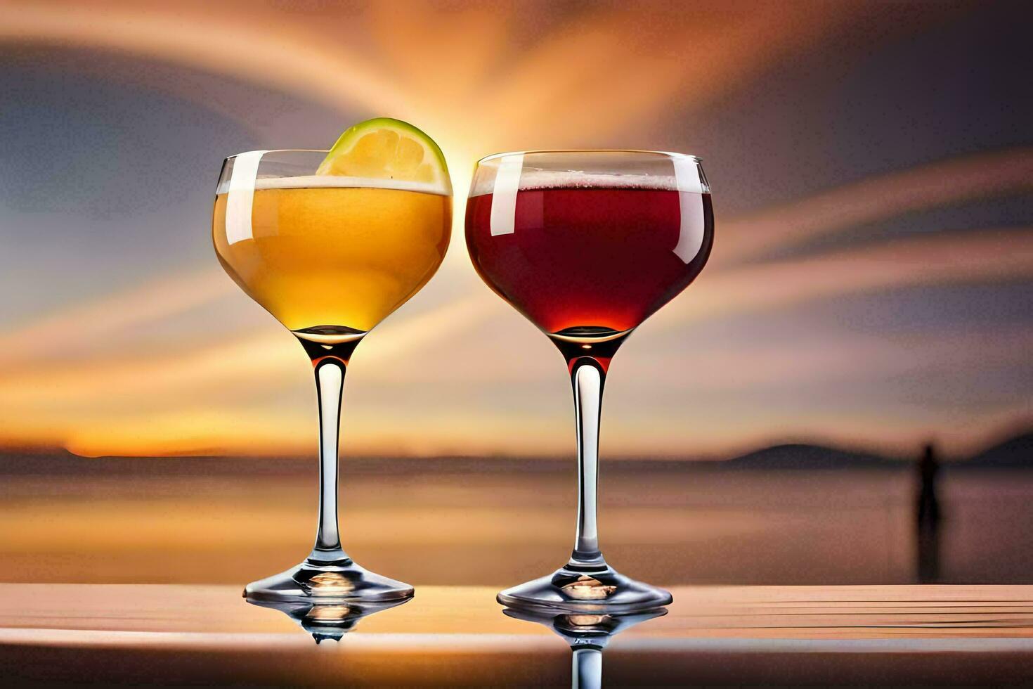 two glasses of wine with sunset in the background. AI-Generated photo