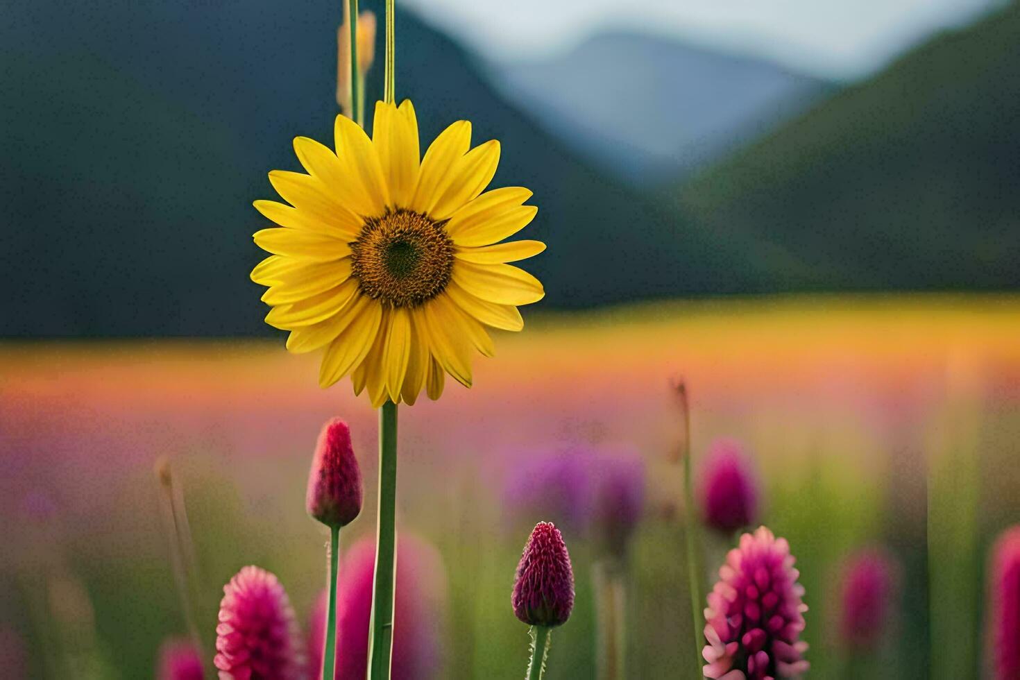 a yellow flower stands out in a field of purple flowers. AI-Generated photo