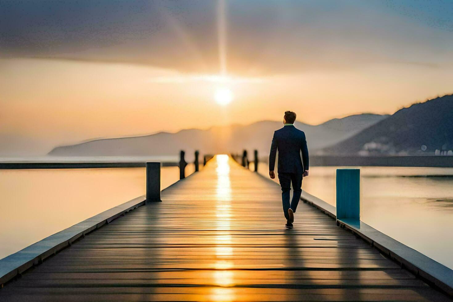 a man walking on a pier at sunset. AI-Generated photo
