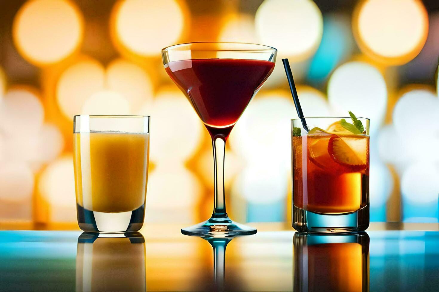 three different types of alcoholic drinks on a bar. AI-Generated photo