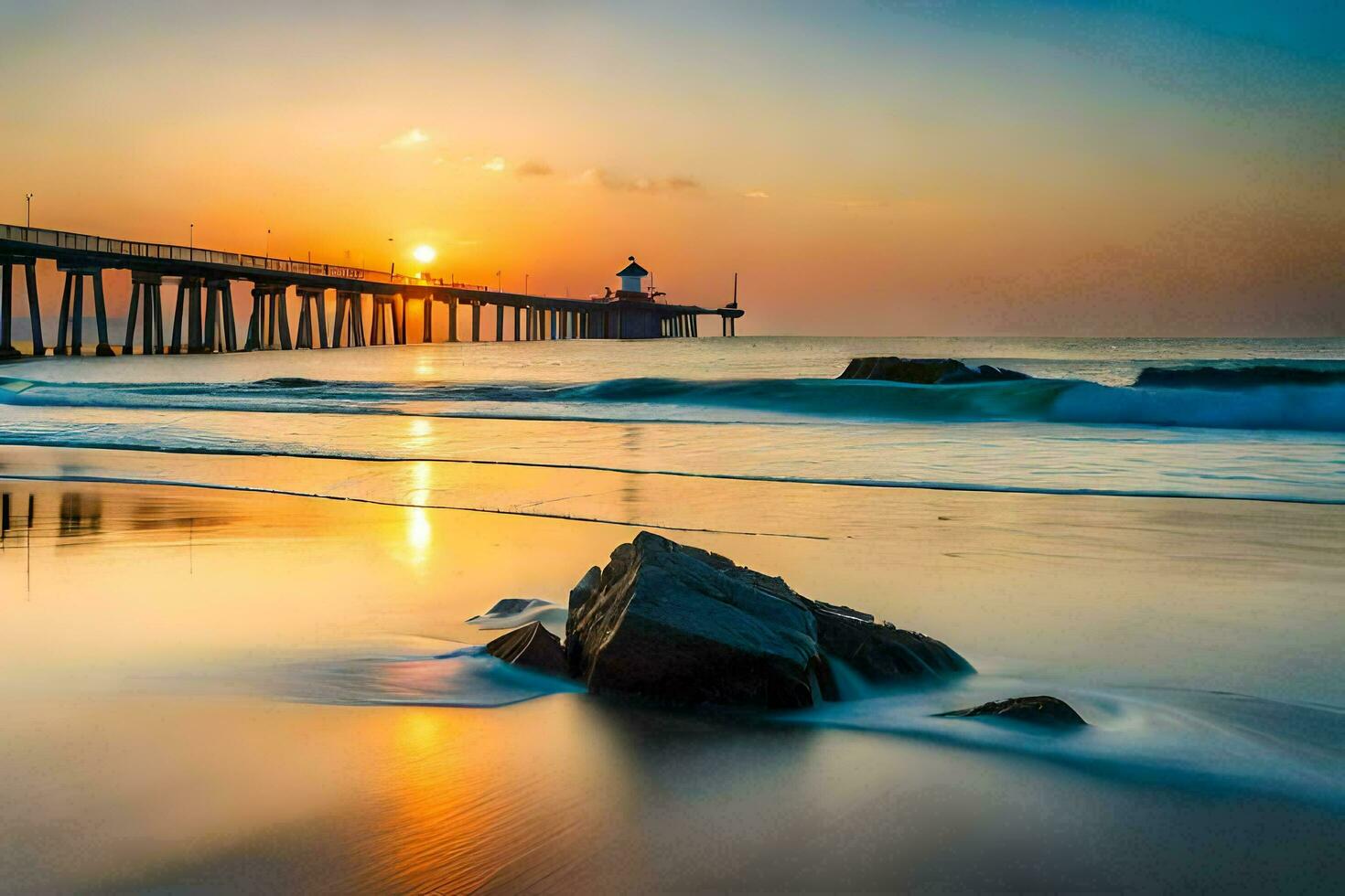 el Dom conjuntos terminado el Oceano y muelle. generado por ai foto