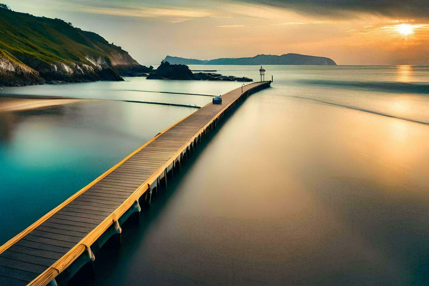 a long exposure photo of a pier at sunset. AI-Generated