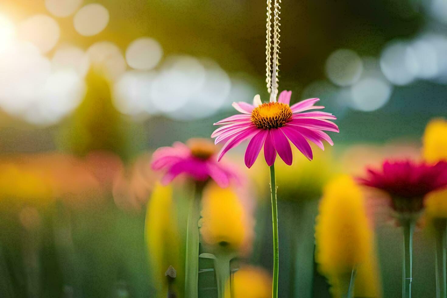 a pink flower with a necklace hanging from it. AI-Generated photo