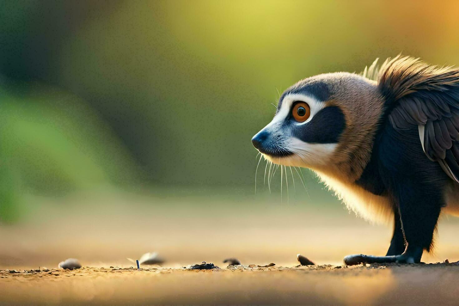 a small animal with big eyes standing on the ground. AI-Generated photo