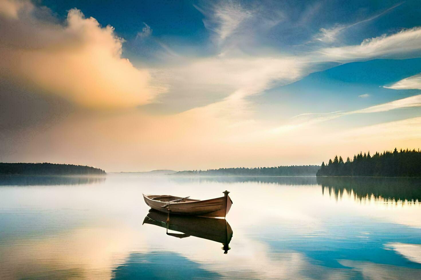 a boat is floating on a calm lake at sunset. AI-Generated photo