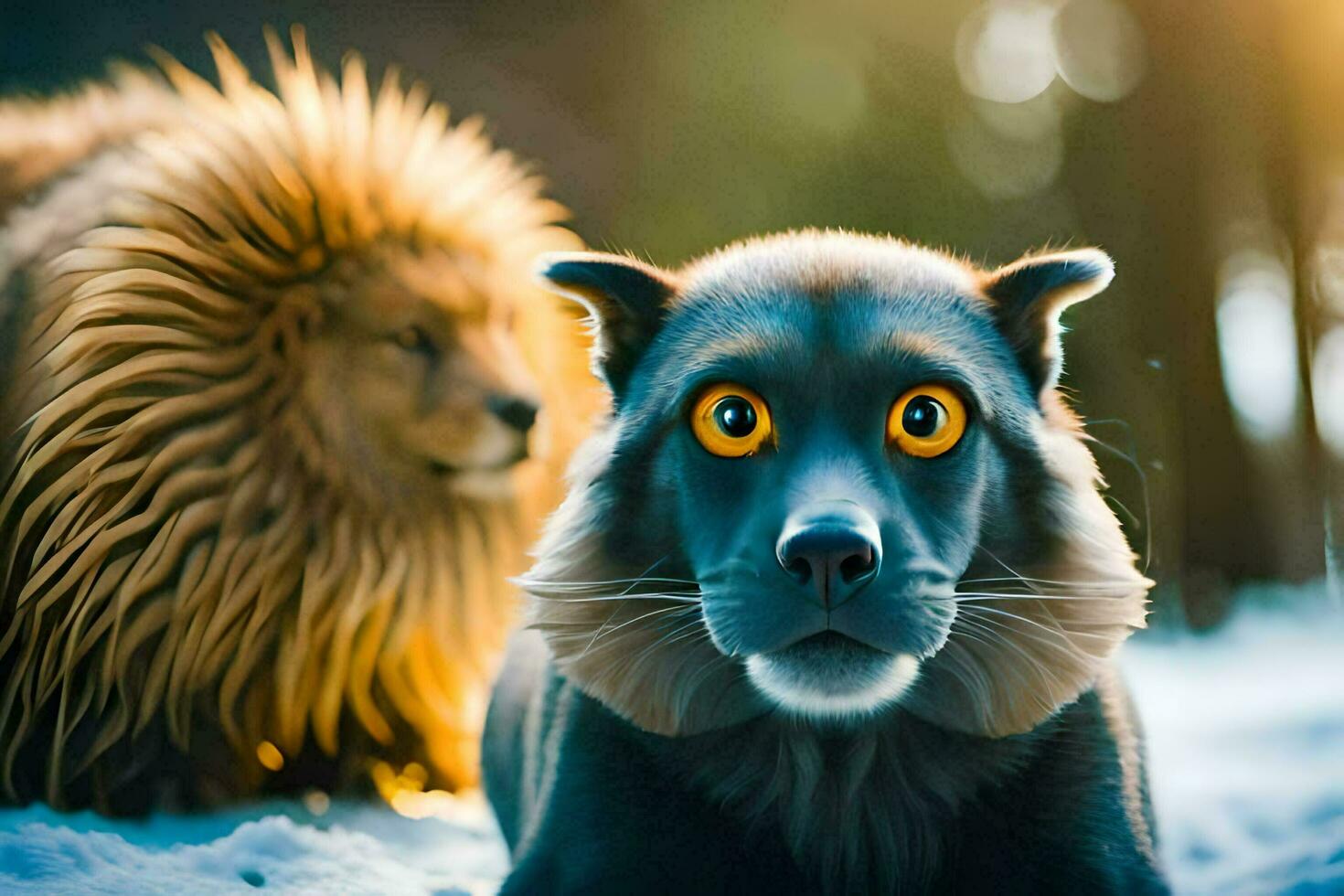 un león y un perro son en pie en el nieve. generado por ai foto