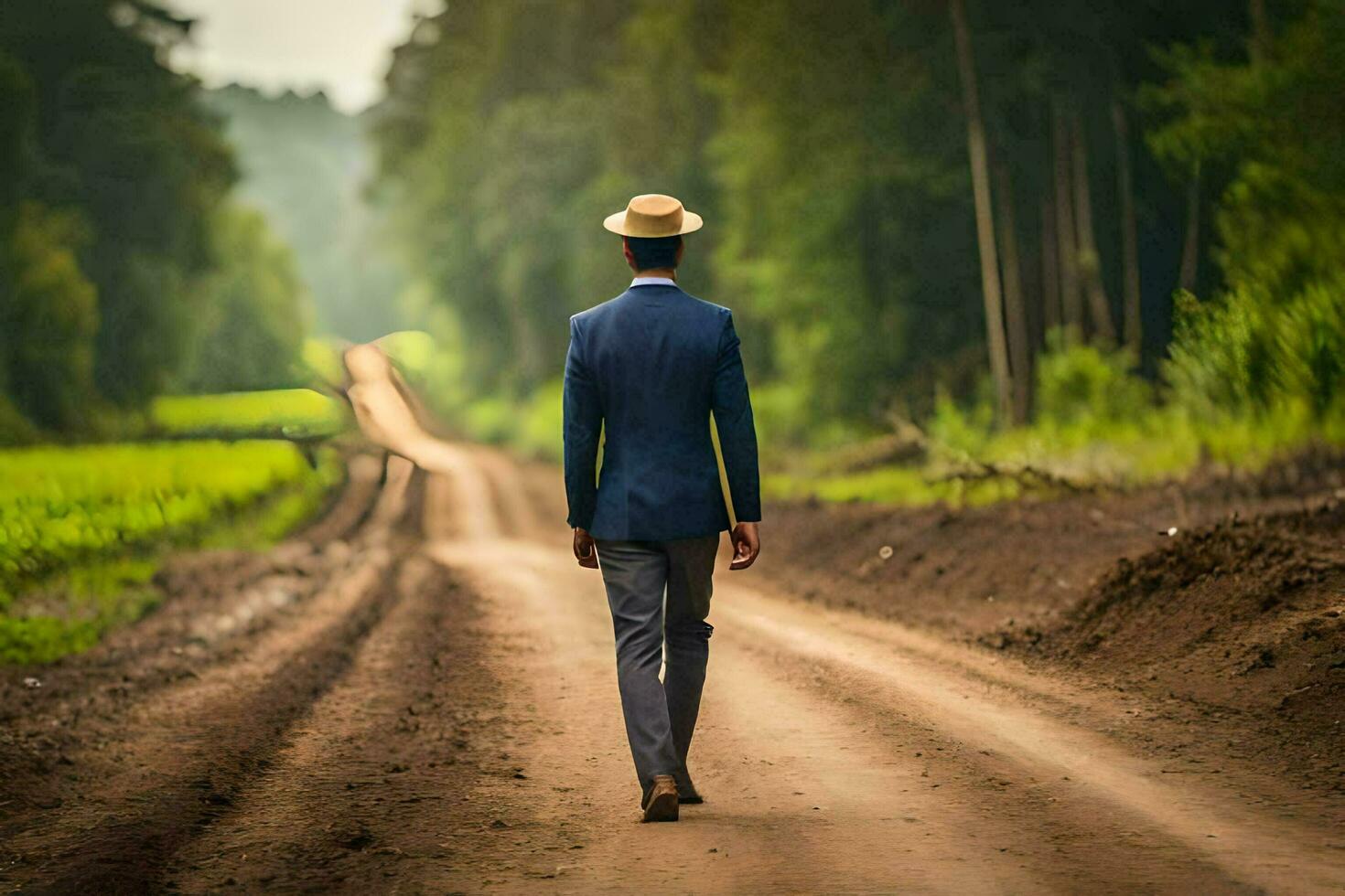 a man in a suit and hat walks down a dirt road. AI-Generated photo