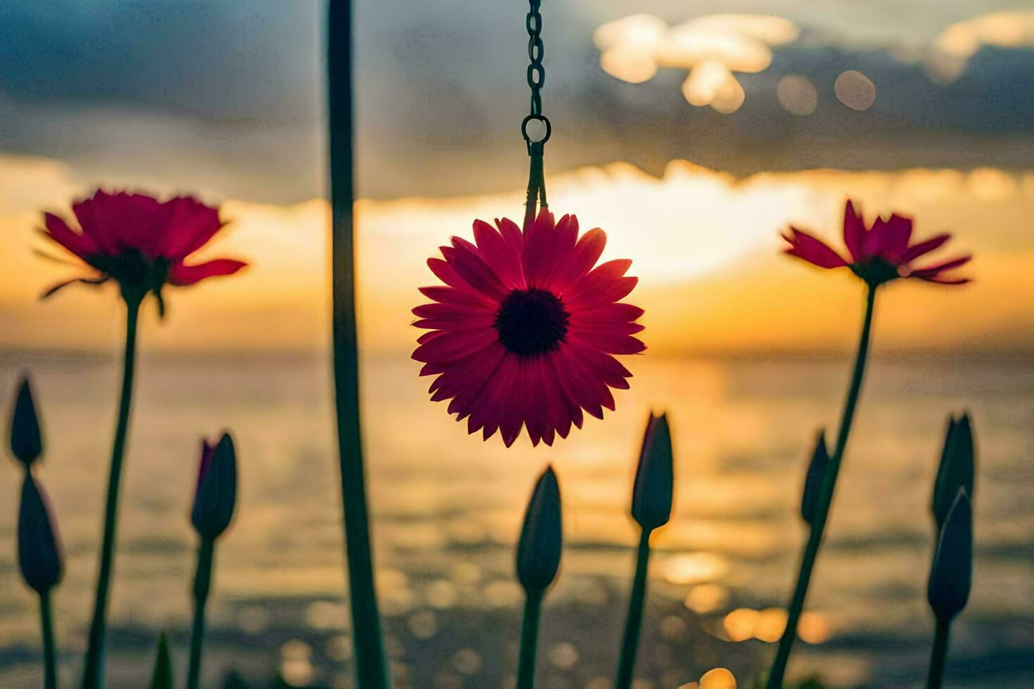 photo wallpaper the sky, flowers, sunset, the sea, the sun, the sea, the. AI-Generated