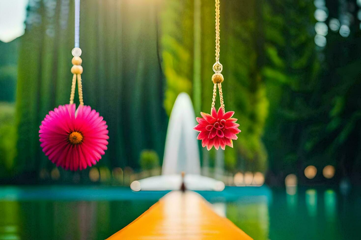 two colorful flowers hanging from a bridge over a lake. AI-Generated photo