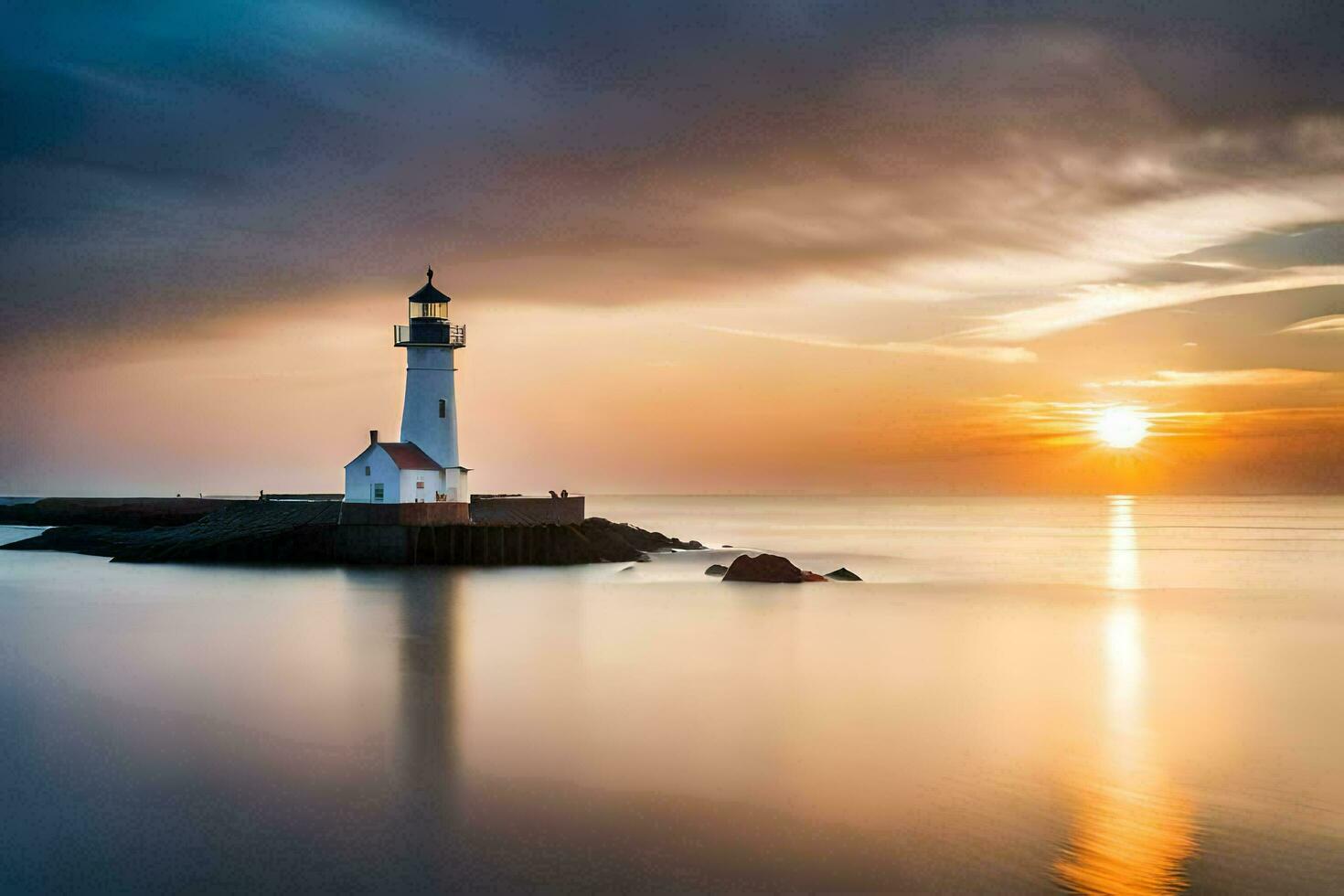 a lighthouse is seen in the distance during sunset. AI-Generated photo