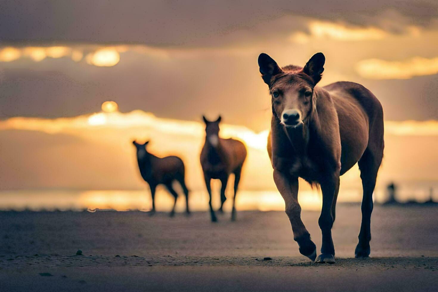 a horse walks on the beach at sunset. AI-Generated photo