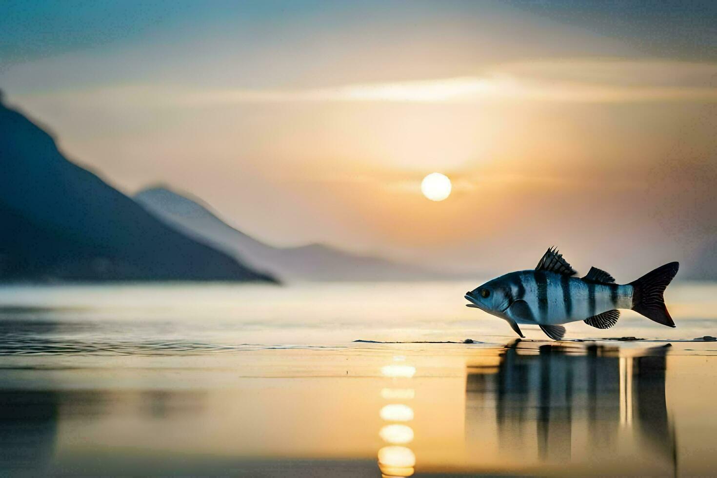 a fish is standing on the beach at sunset. AI-Generated photo