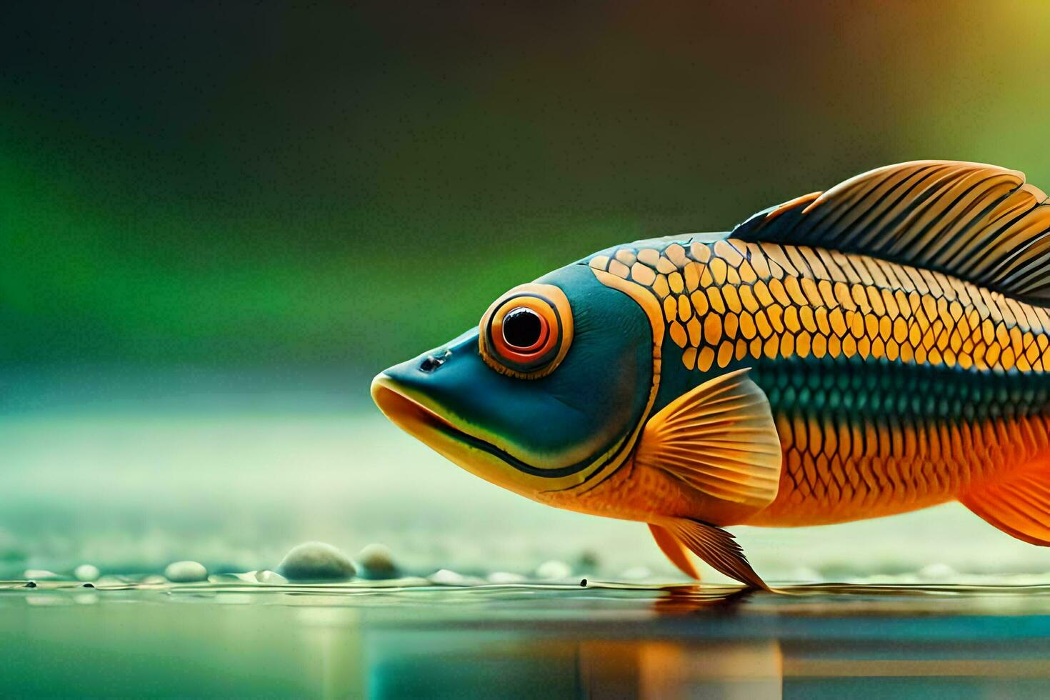 a fish with a big eye is standing on the water. AI-Generated photo