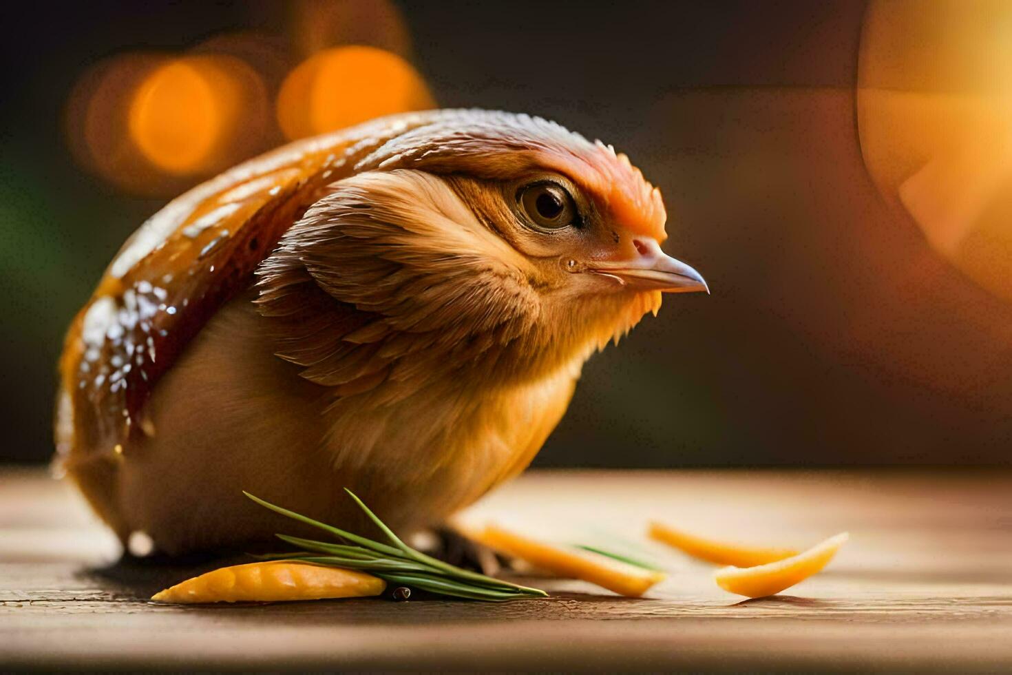 a small bird with orange feathers sitting on a wooden table. AI-Generated photo