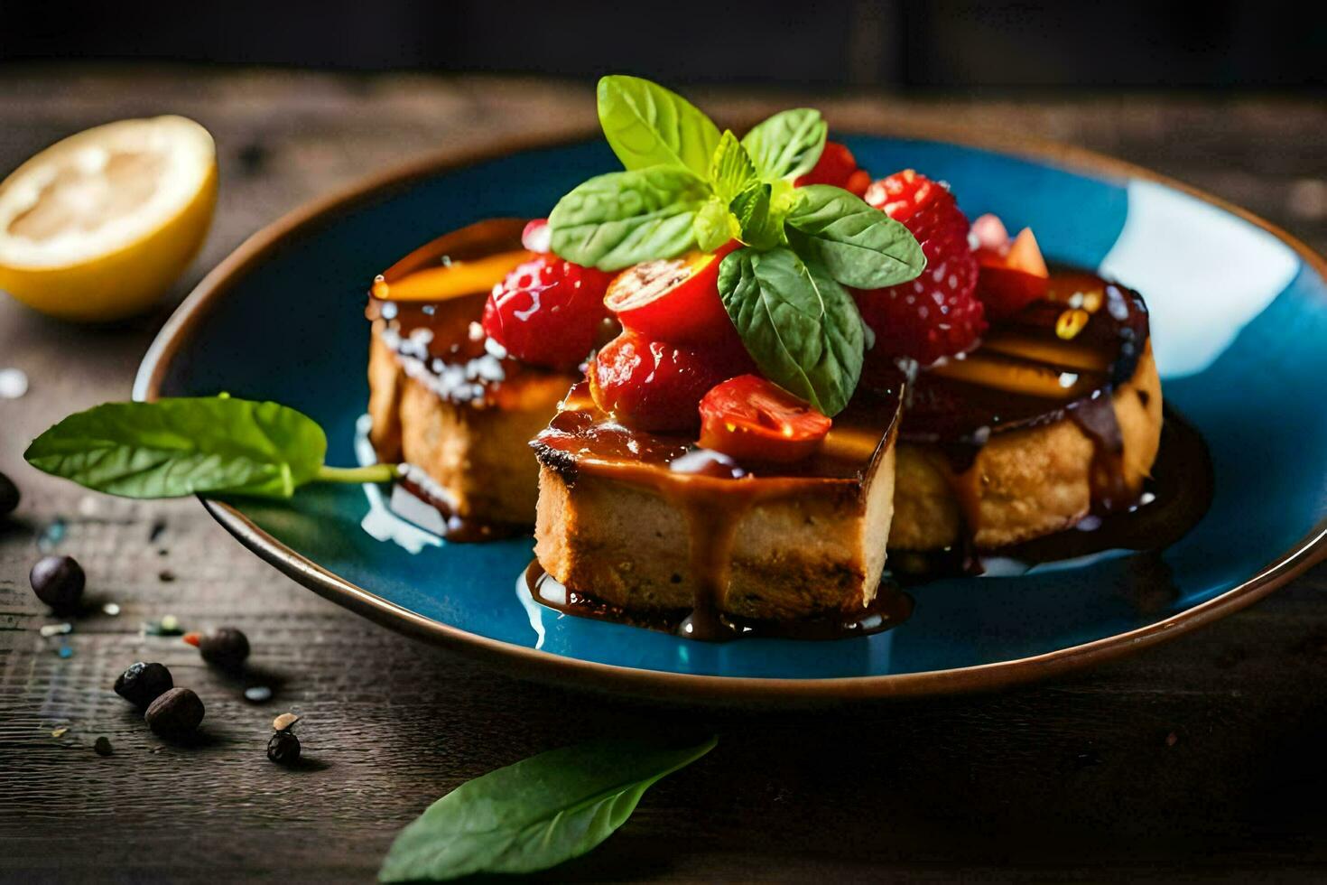 a plate with a slice of toast topped with berries and mint leaves. AI-Generated photo