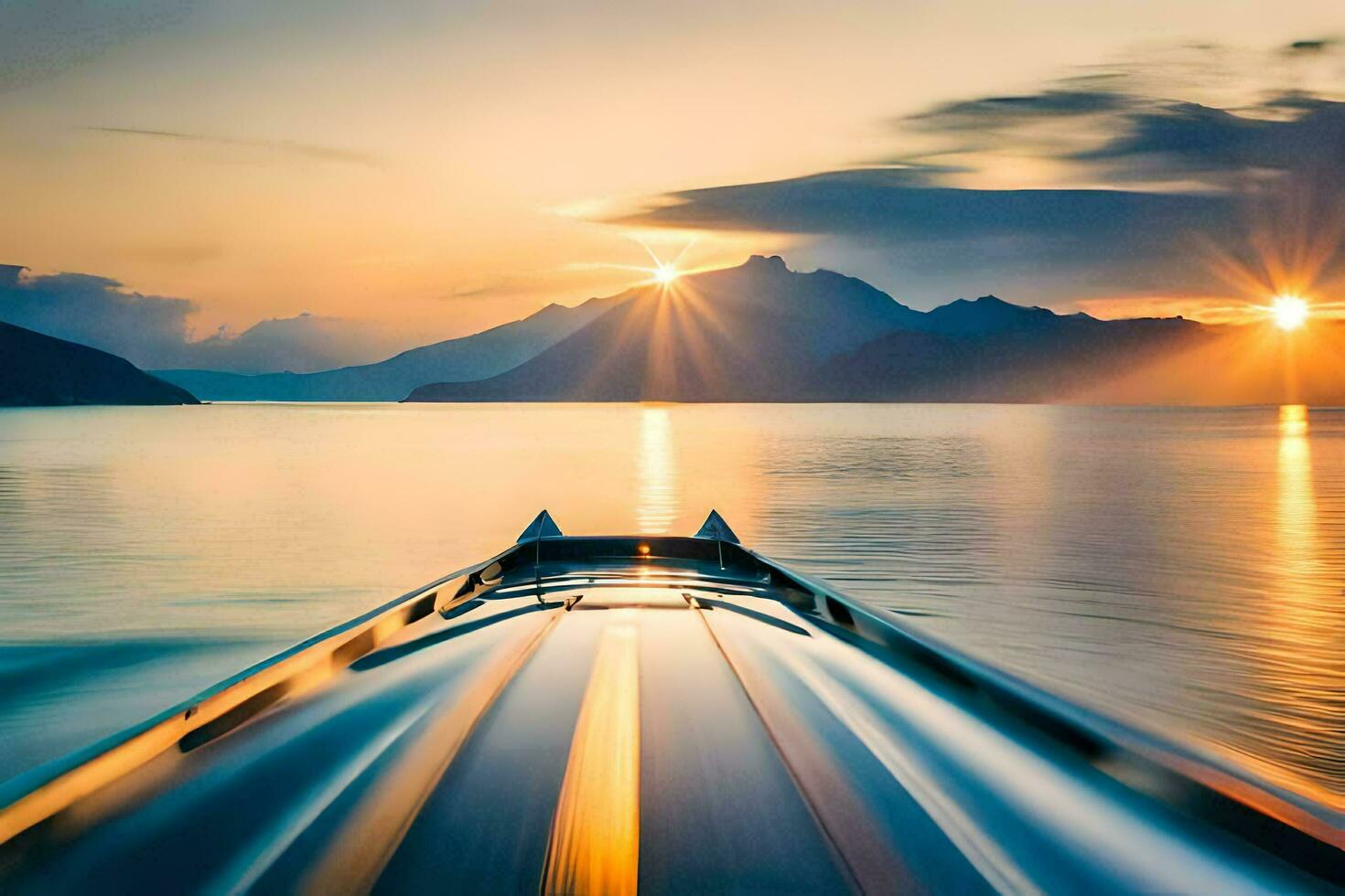 un barco es de viaje abajo el agua a puesta de sol. generado por ai foto