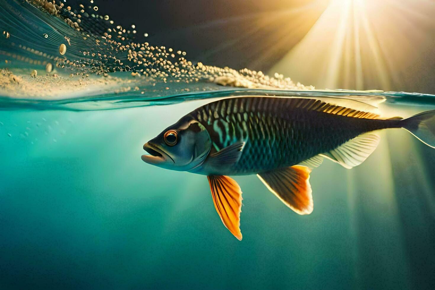 a fish swimming in the water with sunlight shining. AI-Generated photo