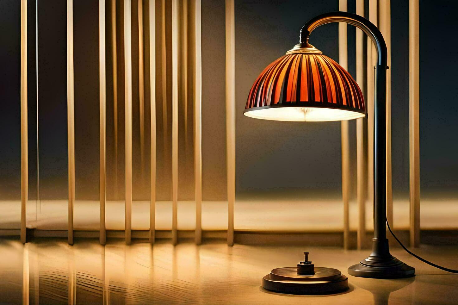 a lamp is sitting on a table in front of a window. AI-Generated photo