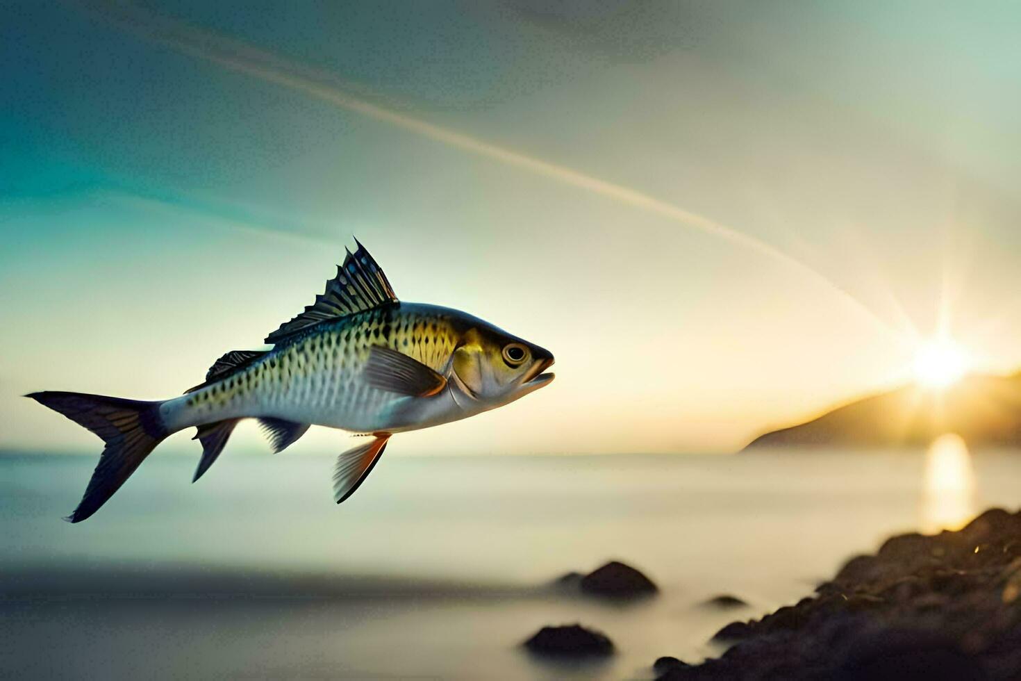 un pescado saltando fuera de el agua a puesta de sol. generado por ai foto