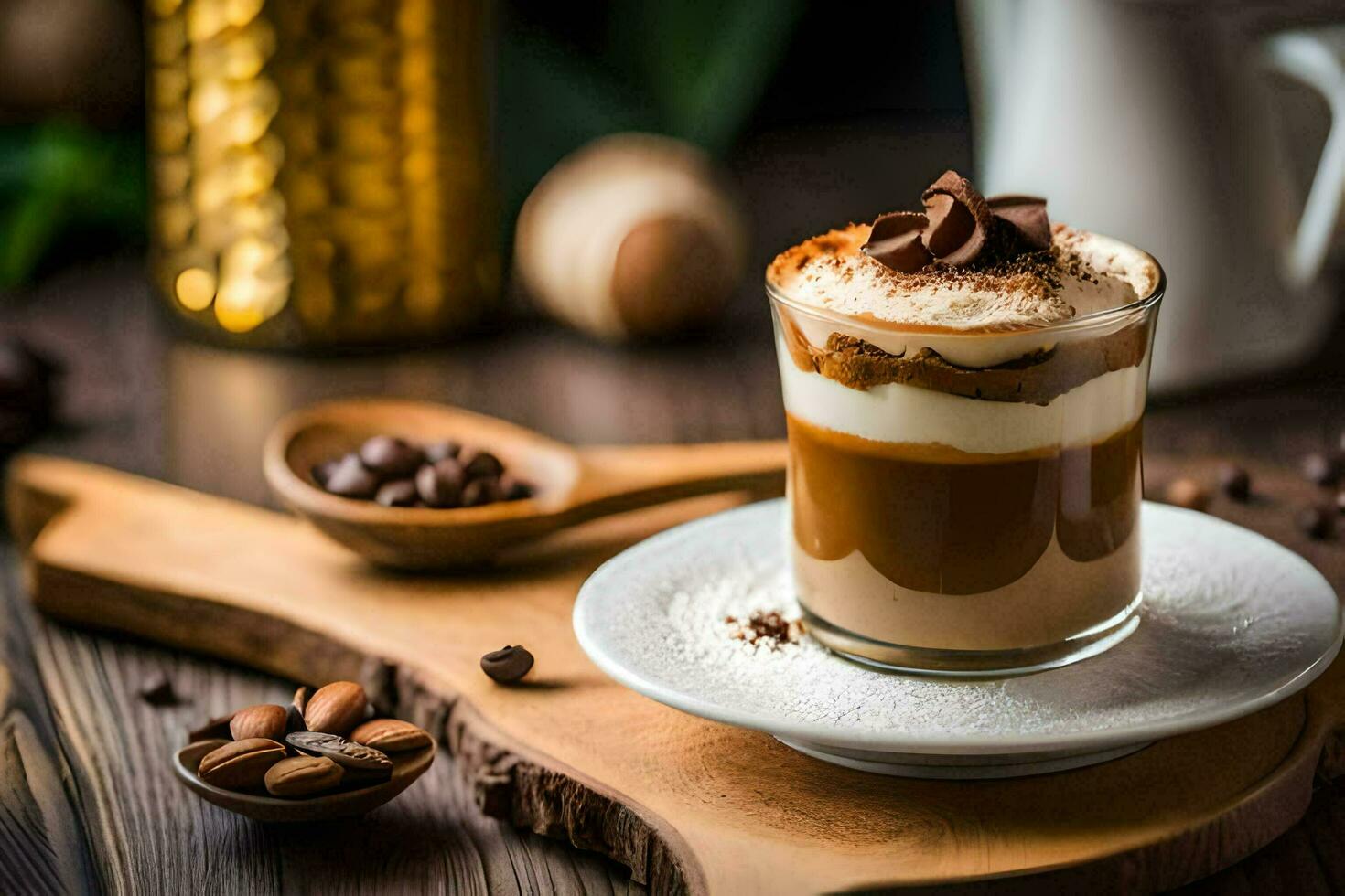 un café bebida con azotado crema y café frijoles. generado por ai foto