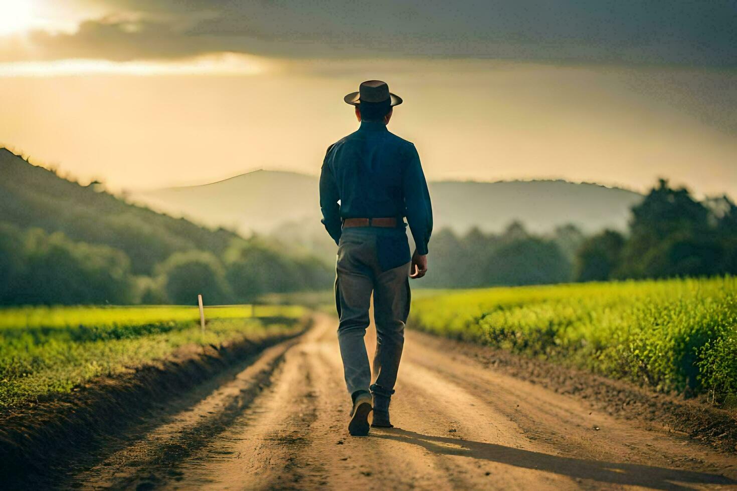 un hombre en un sombrero camina abajo un suciedad la carretera. generado por ai foto