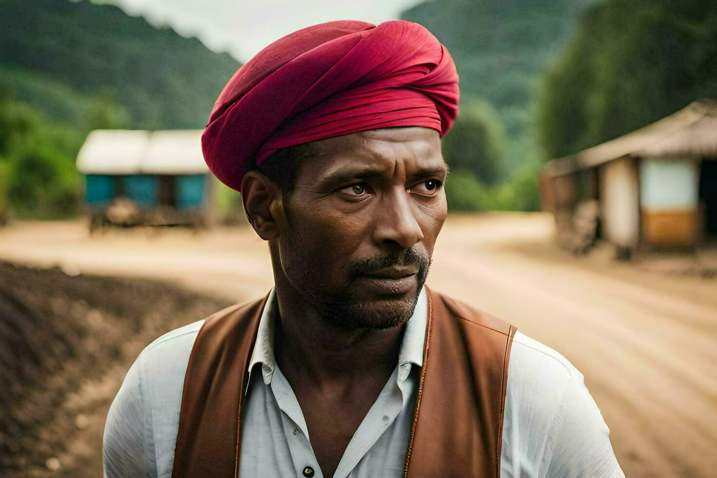 a man wearing a red turban stands in front of a dirt road. AI-Generated photo