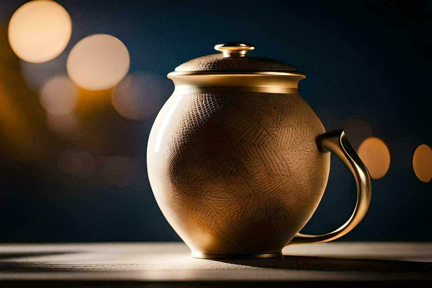 a golden teapot on a wooden table. AI-Generated photo