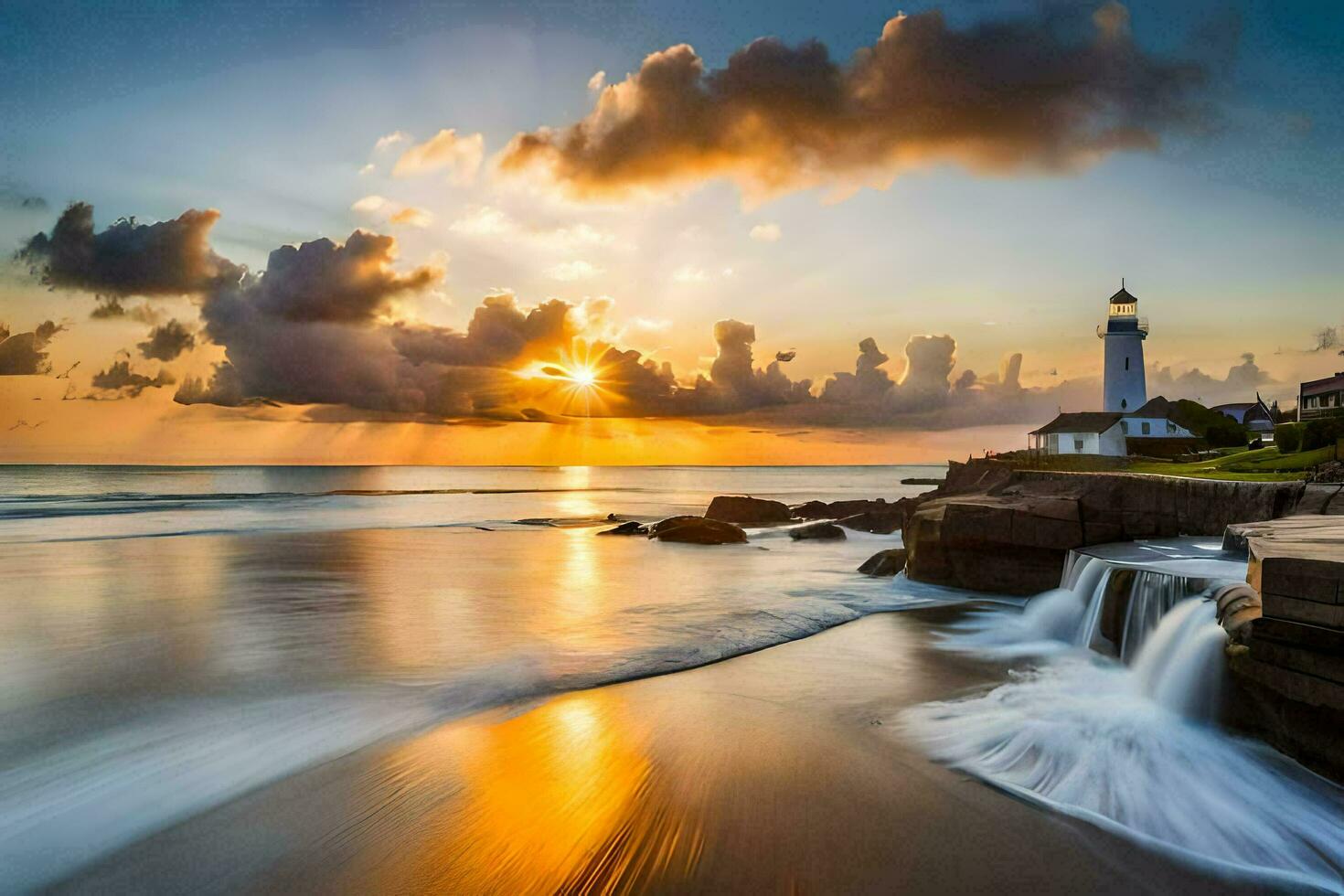 the sun sets over a lighthouse and waterfalls. AI-Generated photo