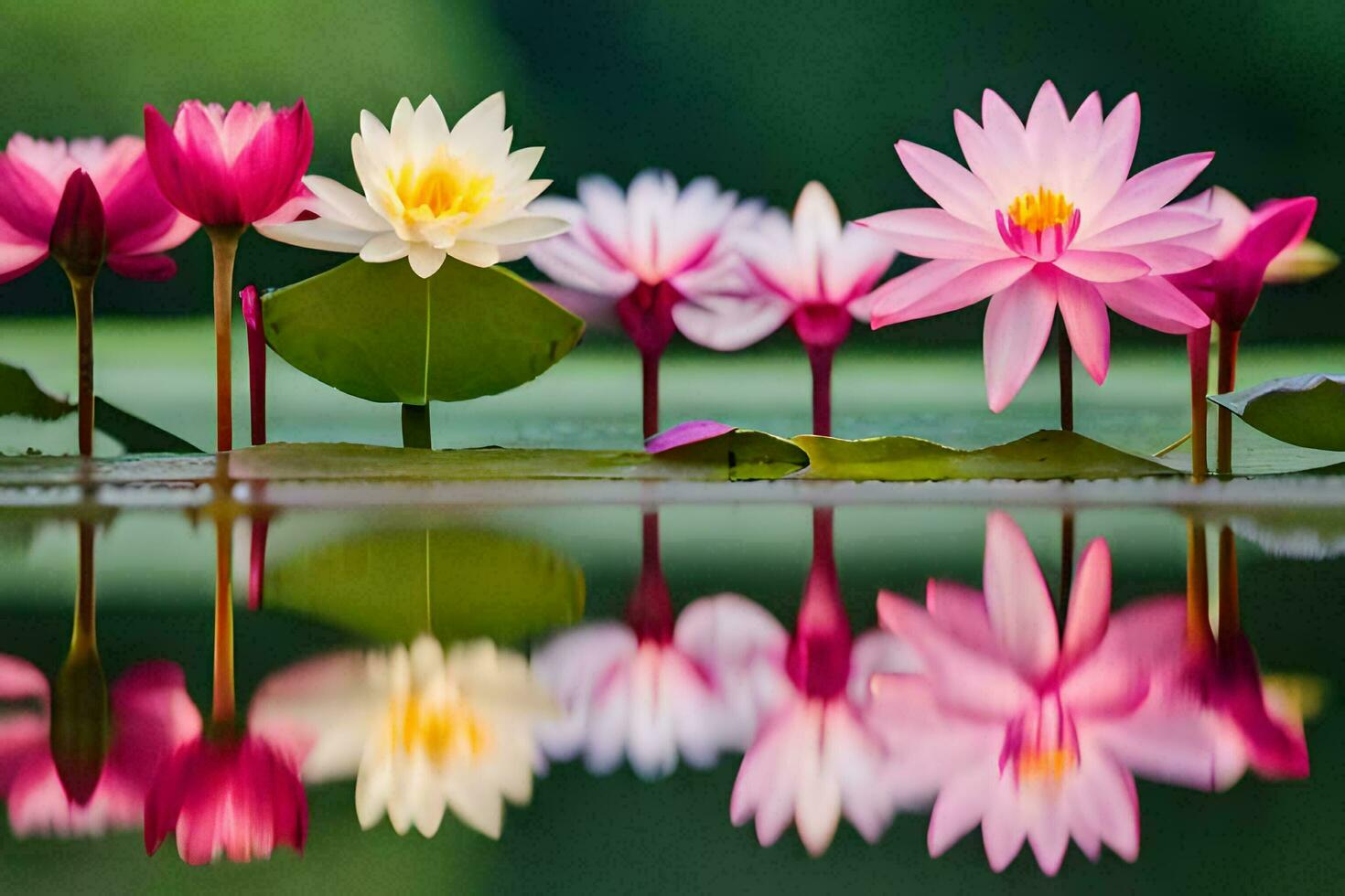pink and white lotus flowers are reflected in the water. AI-Generated photo